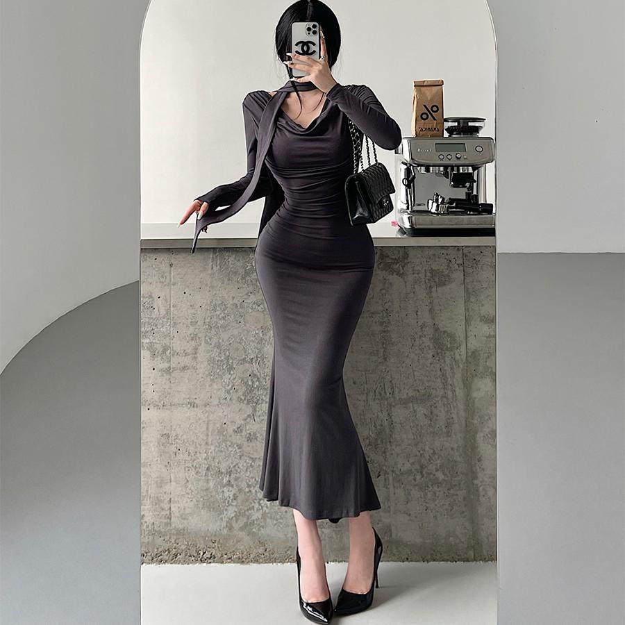 YoungGirlDay纯欲风荡领系脖飘带褶皱收腰长袖包臀鱼尾连衣裙长裙,女装/女士精品,连衣裙,淘宝优惠券,粉丝福利购,淘宝优惠卷