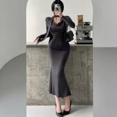 YoungGirlDay纯欲风荡领系脖飘带褶皱收腰长袖 包臀鱼尾连衣裙长裙