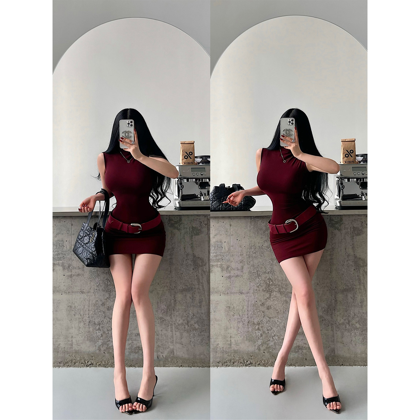 YoungGirlDay纯欲风性感小高领紧身包臀无袖背心连衣裙短裙含腰带