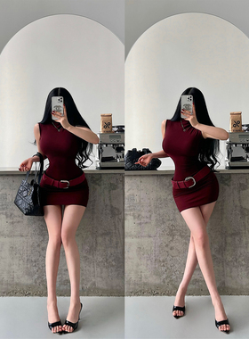 YoungGirlDay纯欲风性感小高领紧身包臀无袖背心连衣裙短裙含腰带