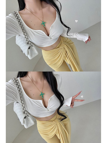 纯欲性感扭结显胸长袖T恤上衣