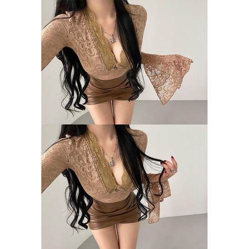 纯欲性感喇叭长袖镂空蕾丝衫上衣