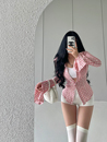 YoungGirlDay欧美辣妹翻领单排扣修身 上衣 显瘦开叉喇叭袖 格子衬衫