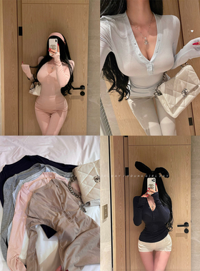 YoungGirlDay纯欲温柔性感V领单排扣修身显瘦弹力长袖打底T恤上衣