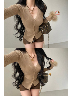 口针织开衫 显瘦毛绒绒袖 上衣 纯欲性感V领单排扣修身 YoungGirlDay