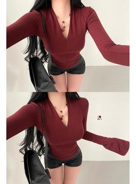 YoungGirlDay纯欲性感V领修身显瘦褶皱收腰打底衫喇叭长袖T恤上衣