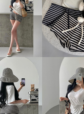 YoungGirlDay纯欲辣妹性感低腰抽绳弹力包臀条纹运动休闲短裤热裤