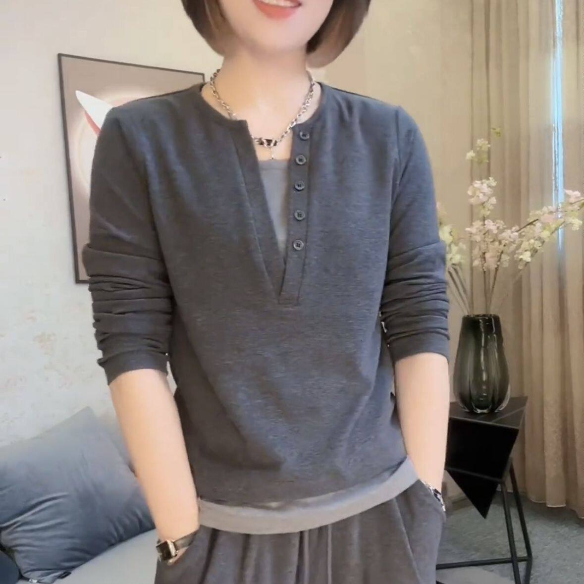 春秋季气质纯棉假两件长袖T恤女韩版设计感纽扣宽松百搭打底小衫