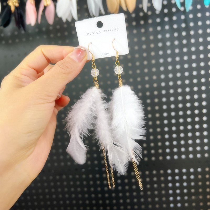 白色羽毛耳环 时尚气质长款链条流苏耳坠甜美百搭女神仙气耳饰