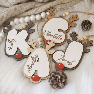 圣诞节字母挂件 可爱驯鹿鹿角装饰品 名字定制礼物 个性创 A-Z