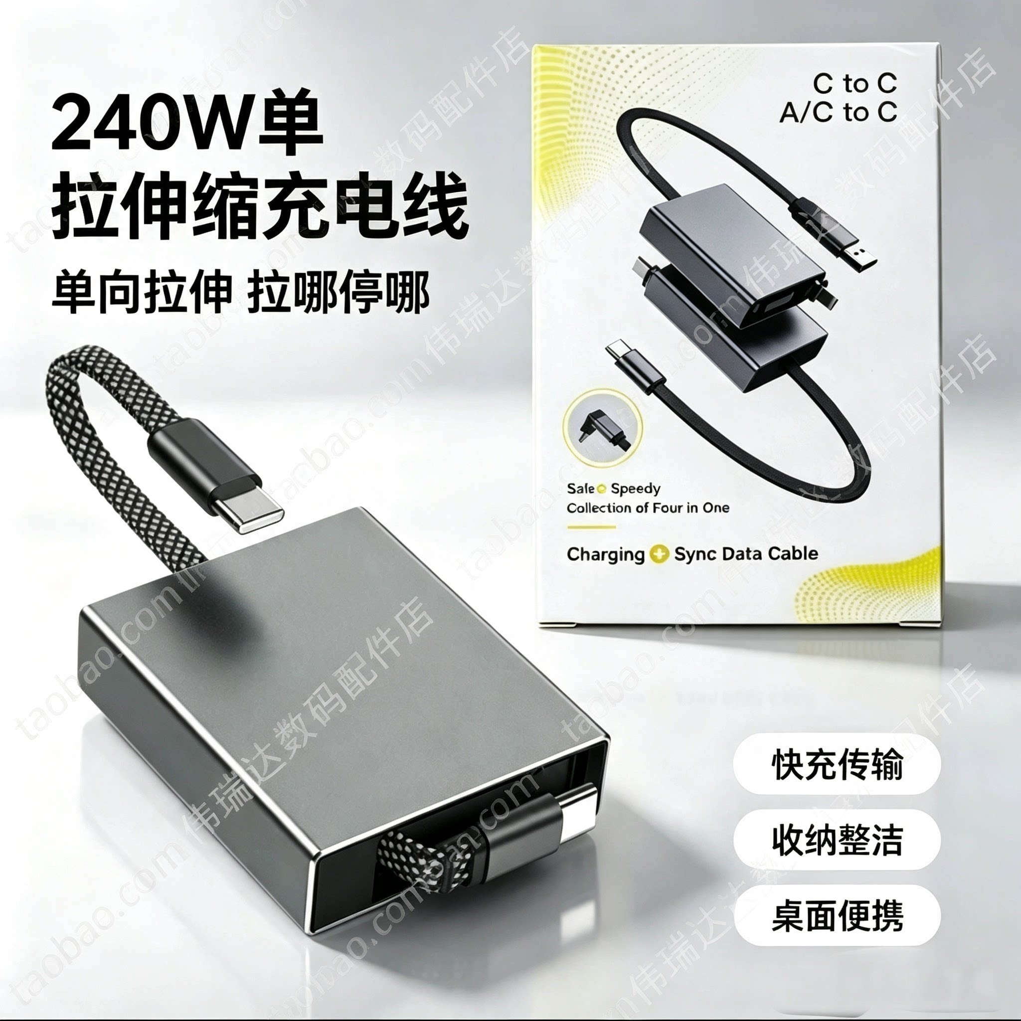 快充240W伸缩数据线单拉Type编织线PD3.1协议PPS跨境适用苹果安卓