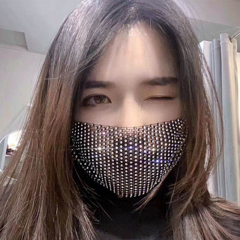 口罩女带钻个性夏天薄款透气网红抖音同款镶钻装饰洋气款时尚黑色