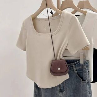 修身 2025新款 恤女夏季 薄款 百搭弧形下摆辣妹打底上衣服潮 方领短袖