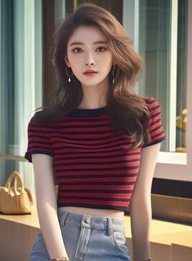 红色条纹正肩短袖t恤女夏季独特别致港风绝美短款上衣设计感小众