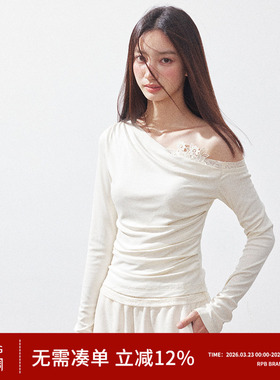 RPB BRAND 蕾丝拼接斜肩长袖T恤女修身显瘦设计感一字肩露肩上衣