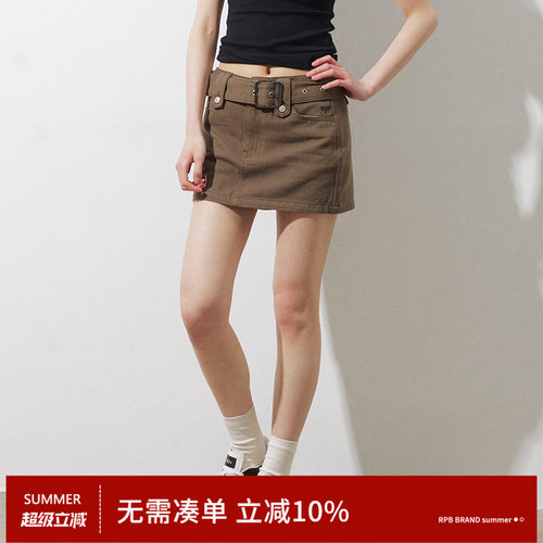 RPB BRAND 简约复古水洗腰带装饰做旧牛仔半身裙女显瘦A字短裙