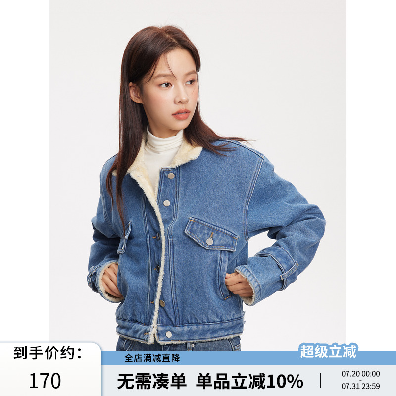 RPB BRAND秋冬保暖翻毛领修身短款上衣外套经典美式牛仔棉服夹克