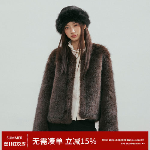 RPB BRAND加厚版圆领短款仿狐狸毛环保皮草棉服保暖外套女上衣