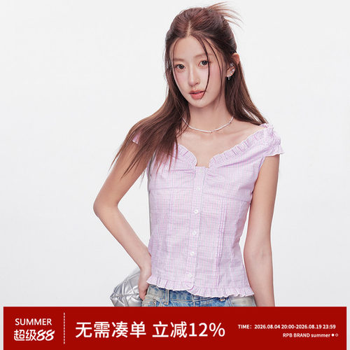RPB BRAND修身收腰通勤甜辣风V领荷叶边格纹衬衫女短袖上衣少女感