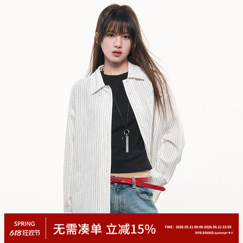 RPB BRAND韩式休闲泡泡棉透气条纹衬衫宽松翻领长袖简约百搭上衣