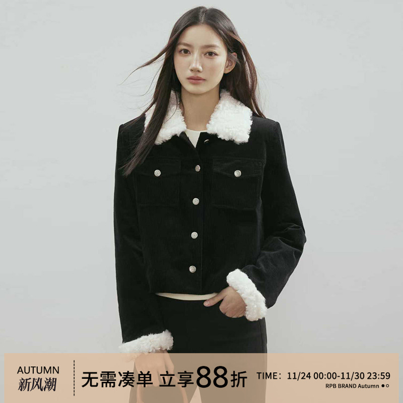 RPB BRAND毛领外套女秋冬小香风高级藏黑色毛绒保暖短款夹克