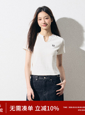 RPB BRAND潮牌纯色设计感V领修身短袖T恤女新款收腰正肩小上衣