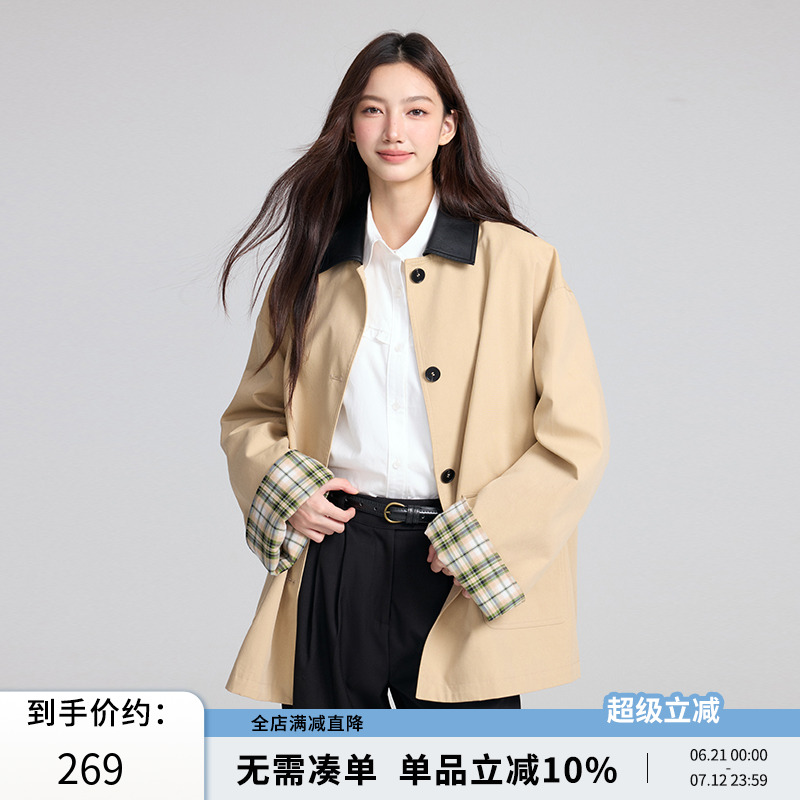 RPB BRAND巴恩风撞色格纹拼接中长款风衣外套高级宽松设计感大衣
