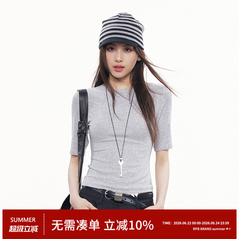 RPB BRAND韩系简约高级圆领修身百搭显瘦正肩五分袖短款上衣T恤 - 实物图