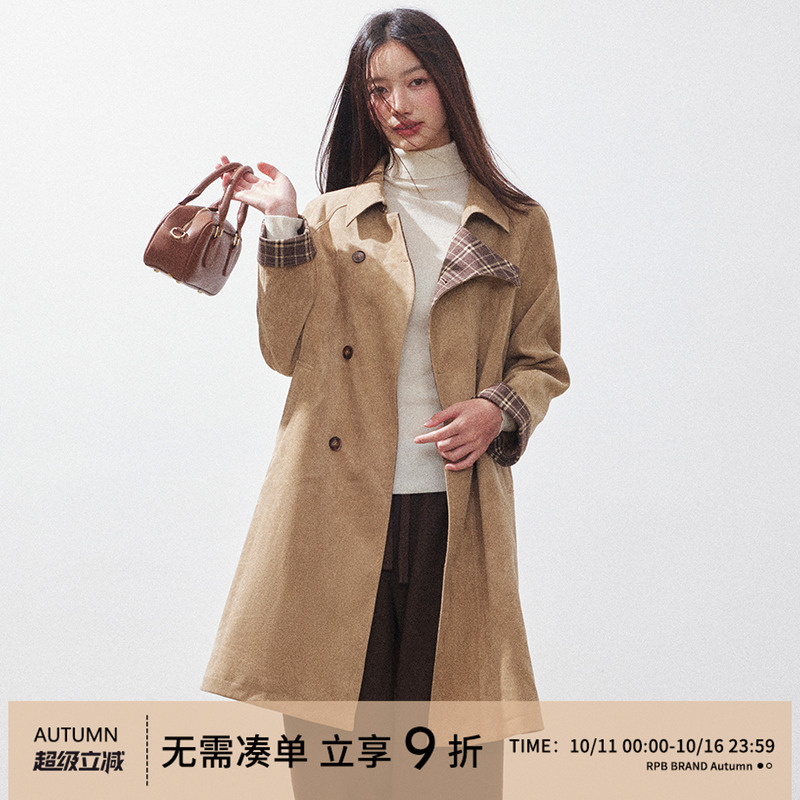 RPB BRAND英伦风袖口撞色格纹设计中长款风衣大衣高级感宽松外套