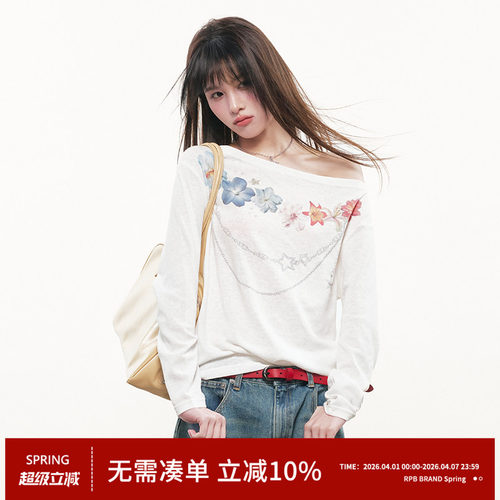 RPB BRAND透气韩系星星花卉项链斜肩长袖T恤百搭微透罩衫白色上衣