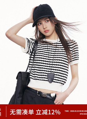 RPB BRAND 韩系条纹圆领羊毛针织短袖女撞色短款休闲显瘦上衣T恤