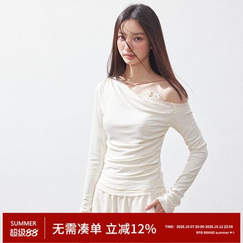 RPB BRAND 蕾丝拼接斜肩长袖T恤女修身显瘦设计感一字肩露肩上衣