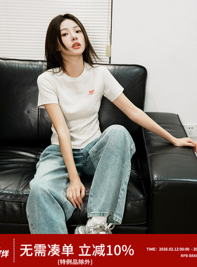 RPB BRAND基础正肩袖修身刺绣logo打底短袖简约百搭短款上衣T恤夏