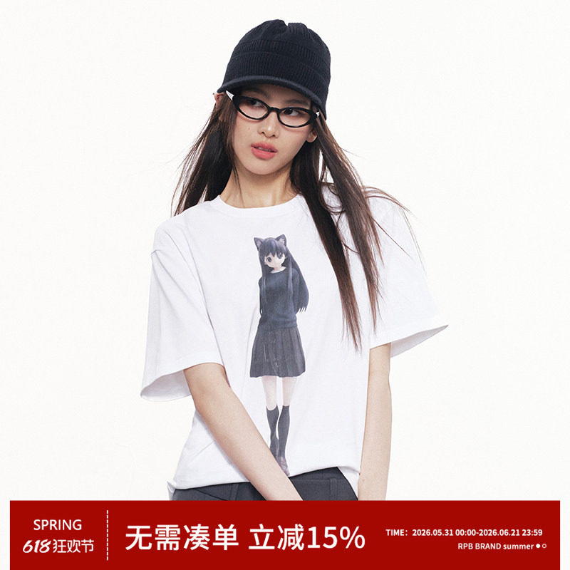 RPB BRAND二次元猫耳少女印花短袖T恤女纯色宽松圆领落肩袖上衣