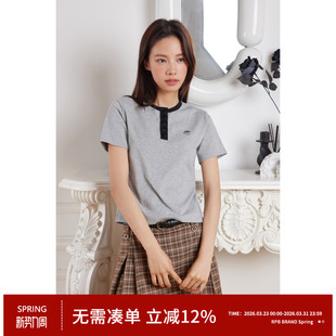 打底衫 T恤休闲百搭短款 女 BRAND通勤撞色拼接华夫领正肩短袖 RPB