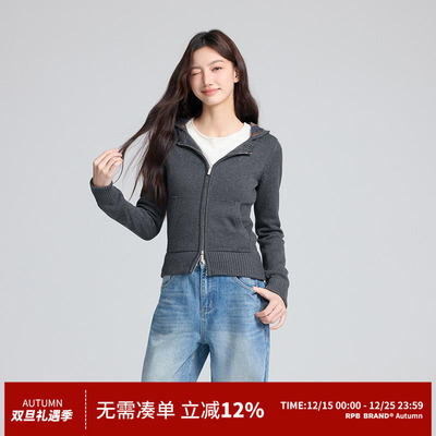 RPB BRAND拼接格纹连帽针织开衫女修身显瘦短款毛衣外套上衣