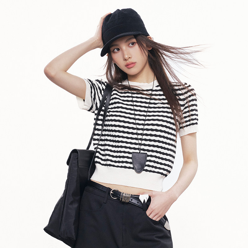 RPB BRAND 韩系条纹圆领羊毛针织短袖女撞色短款休闲显瘦上衣T恤图片