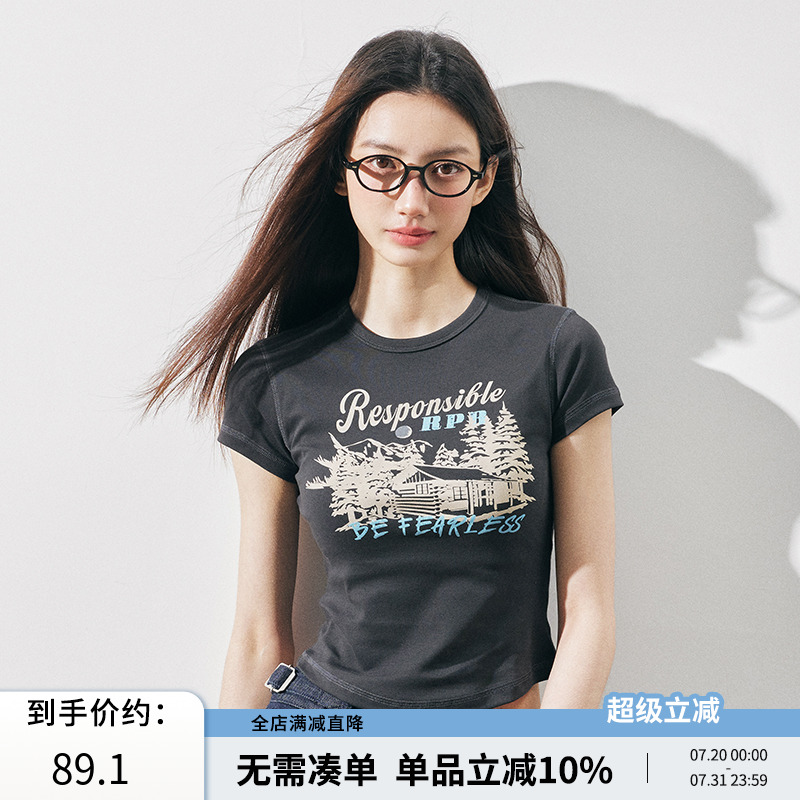 RPB BRAND 美式复古字母印花圆领短袖T恤女修身短款显瘦上衣