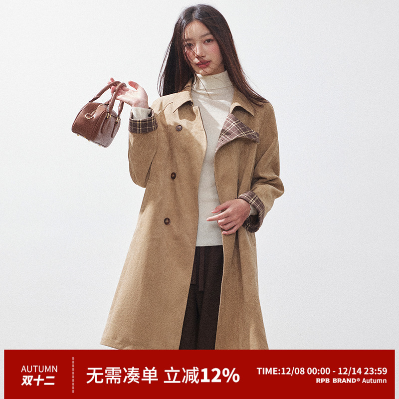 RPB BRAND英伦风袖口撞色格纹设计中长款风衣大衣高级感宽松外套
