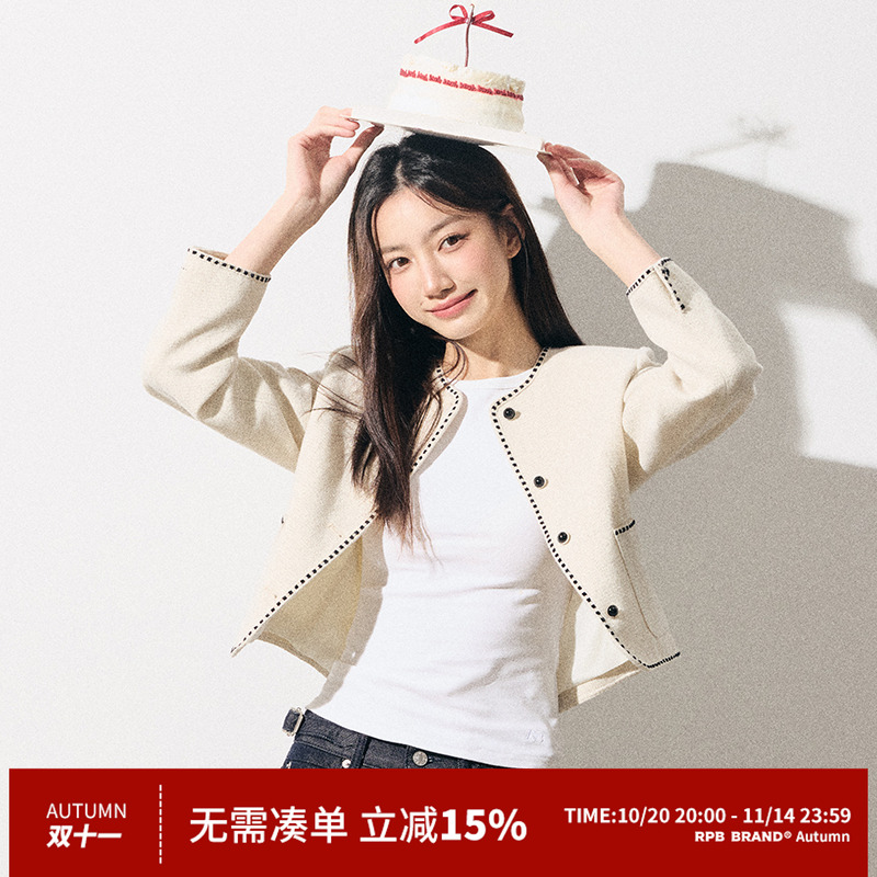 RPB BRAND 法式小香风短外套复古优雅黑白花边长袖圆领上衣女