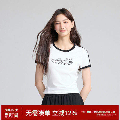 RPB BRAND莫代尔面料触感细腻显瘦t恤女玫瑰短袖简约百搭打底上衣