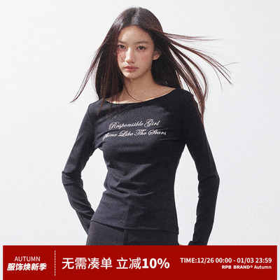 RPB BRAND莱赛尔亲肤一字肩美式复古字母休闲百搭时尚长袖T恤上衣
