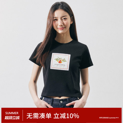 RPB BRAND花瓶复古贴布刺绣短袖T恤女显瘦正肩短款百搭休闲上衣