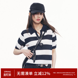 女宽松镂空V领上衣 针织衫 RPB BRAND复古条纹网眼领韩系POLO短袖