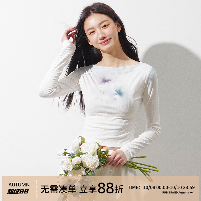 RPB BRAND 一字肩美式复古扎染印花长袖T恤女修身短款打底衫上衣