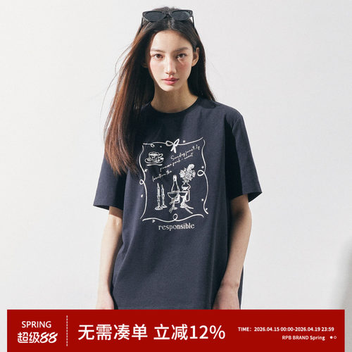 RPB BRAND全棉宽松情侣款复古印花圆领短袖T恤女休闲百搭上衣