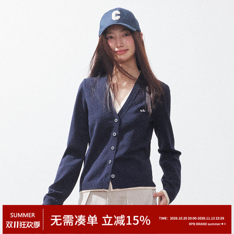 RPB BRAND小清新V领假两件针织开衫女新款设计感小众毛衣外套