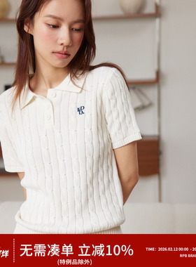 RPB BRAND春夏新款显瘦百搭绞花刺绣翻领POLO领针织短袖毛衣女款