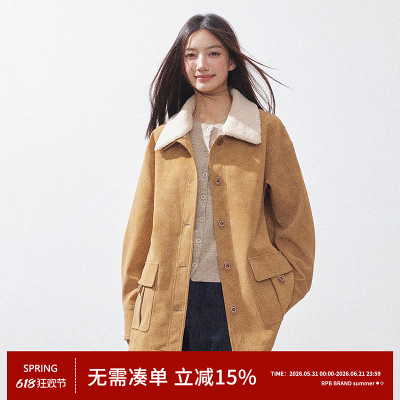 RPB BRAND 美式复古巴恩风毛领翻领夹克外套宽松中长款风衣大衣