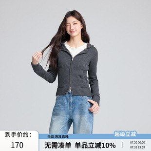 毛衣外套上衣 RPB BRAND拼接格纹连帽针织开衫 女修身 显瘦短款